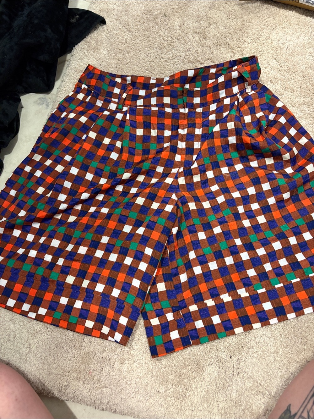 Duro Olowu Women's High-Waist Checkered Shorts in Orange Multi